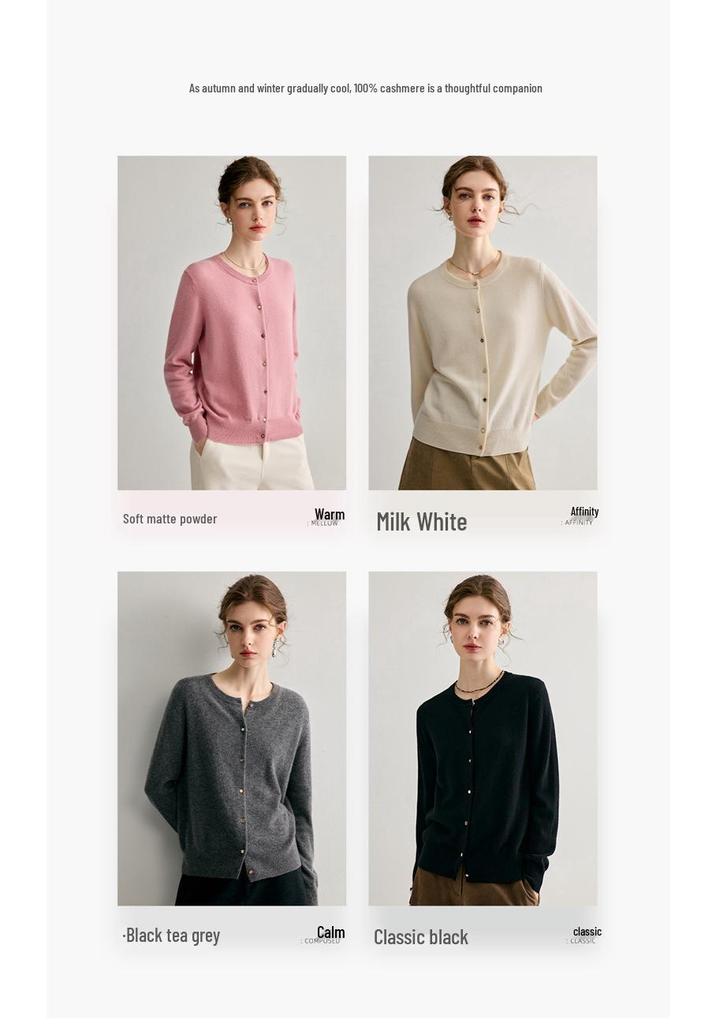 Women's 100% Pure Cashmere Round Neck Knit Cardigan - Loose, Versatile, Solid Color, Long Sleeve, Warm Autumn/Winter Outerwear