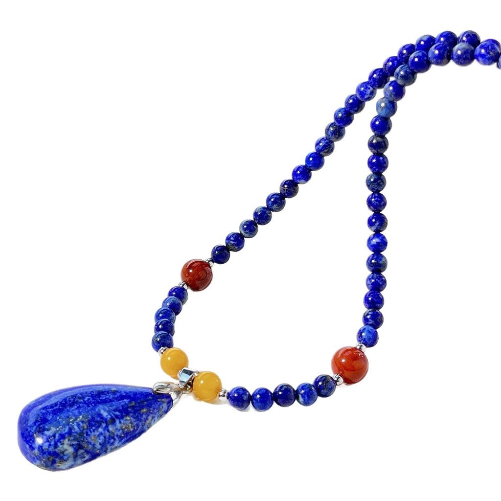Autumn And Winter Natural Old Beeswax Lapis Lazuli Nanhong Design Necklace Collarbone Chain