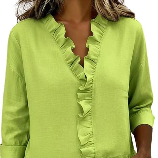 Women Casual Shirt Stand Collar Mid-Length Long Sleeve Breathable Tops Pure Color Loose Fit Ruffle Trim Shirt Daily Wear