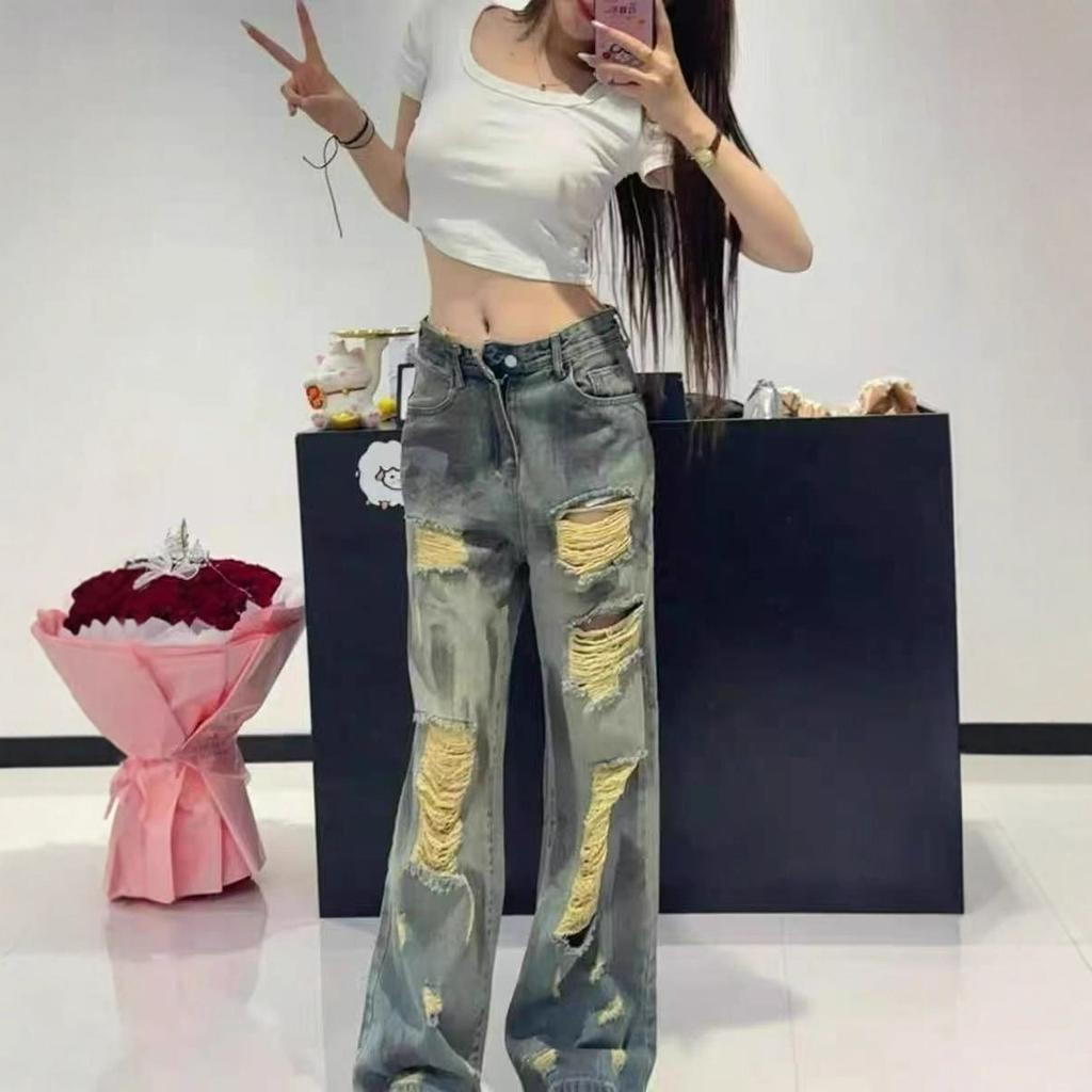 Broken Hole Big Yard High Street Denim Jeans Women Summer High-Waisted Loose Slim Drag Floor Wide-Leg Pants Retro Street Style Baggy Jeans for Ladies