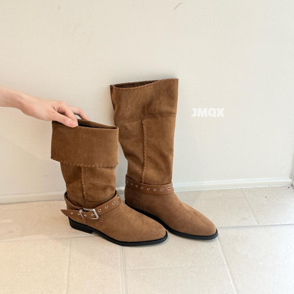 Leather stacking boots 2025 autumn and winter new thick heel buckle western cowboy british style knight boots casual boots