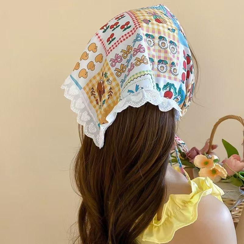 Idyllic lace headband new blast furnace top triangle scarf headband French retro plaid sweet and cute headscarf