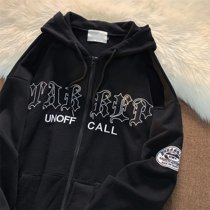 Letter Embroidered Hooded Pocket Loose Casual Sweatshirt Cardigan Jacket