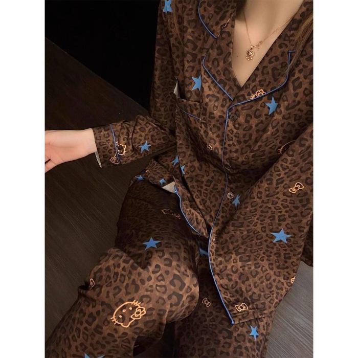Women's Spring & Autumn Cloud Cotton Pajama Set - Thin Print & Embroidery, Loose Fit, Long Sleeve & Pants Home Wear.