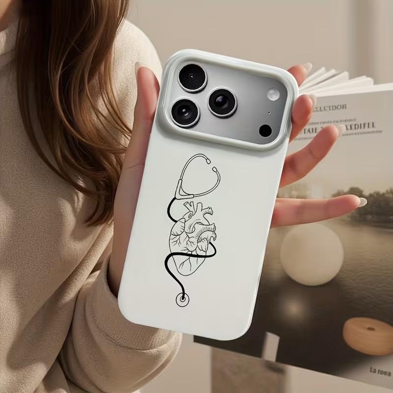 Doctor Heart Stethoscope Minimalist Illustration White Case for iPhone 12 13 14 15 16 17 Pro Max Plus 16E 17Air Soft TPU Cover