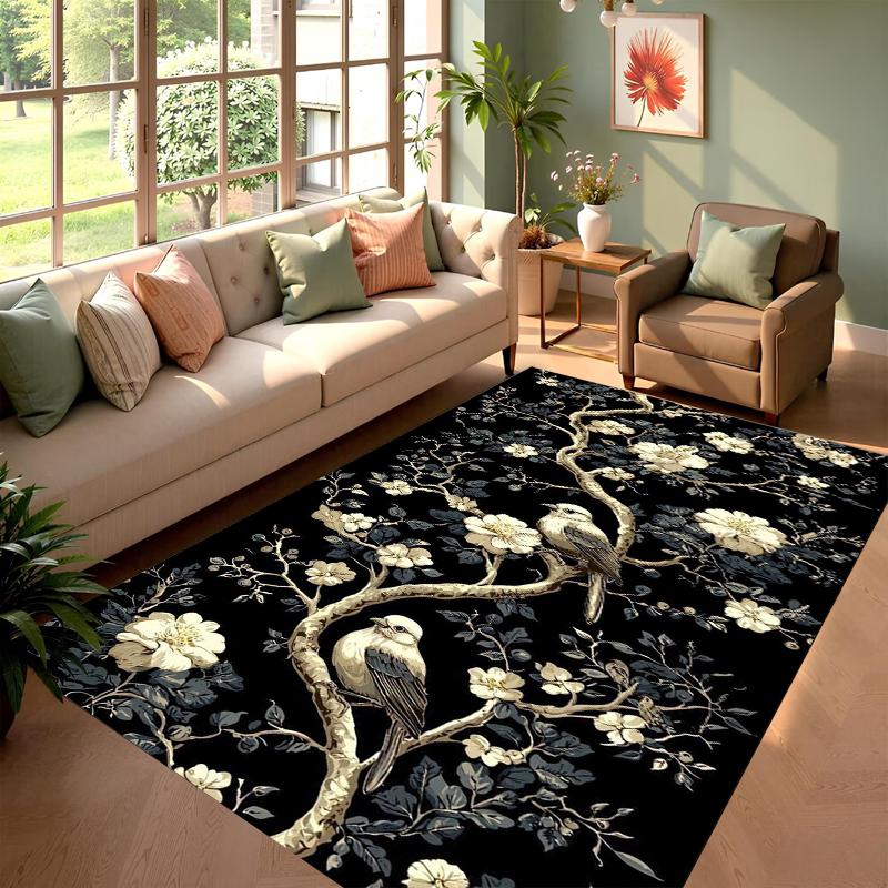 

Luxury Vintage Bird & Floral Rug Black Base Gold Print Non-slip Soft Durable Mat for Home Living Room Bedroom Decor 40X60cm