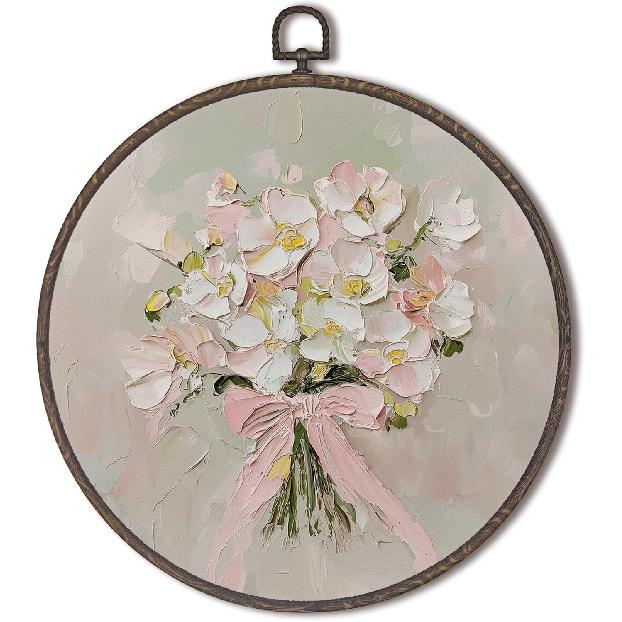 XNXLDYLH Винтажный Кокетливый Цветочный Круглый Настенный Декор с Рамкой, Розовый Кокетливый Бант Цветочные Девочки Подвесной Декор Стены Комнаты, Девичий Преппи Холст