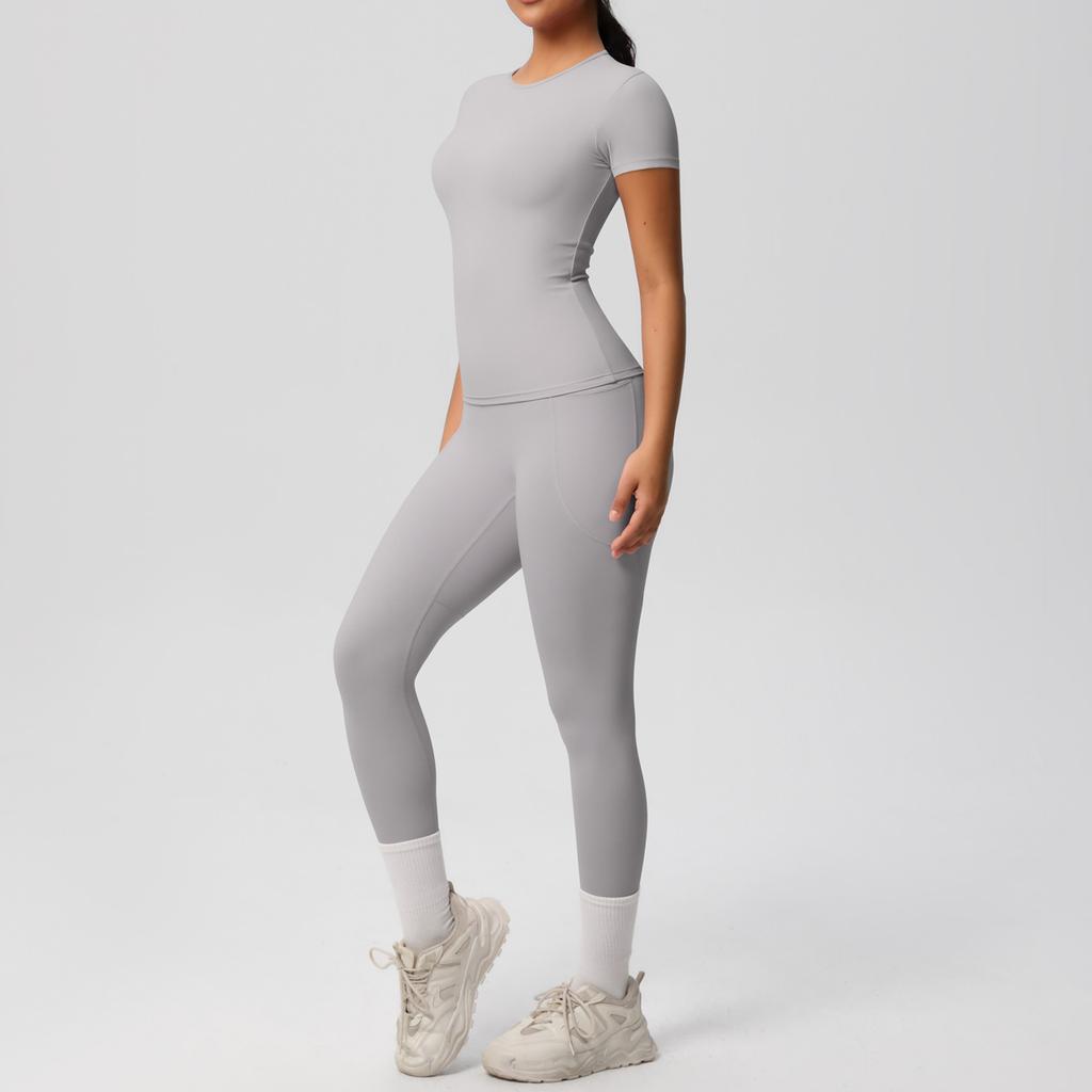 Solid Color Double-sided Brushed Breathable High Elasticity Tight Yoga Suit Set, Sports Running Fitness Two-piece Set