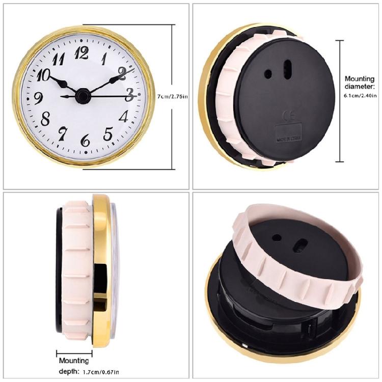 Mécanisme d'horloge encastrable 70 mm Accent doré Cadre en plastique Cadran métallique Installation rapide Pour horloges et décoration intérieure