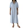 Abito estivo in cotone e lino da donna, manica corta, bottoni, colletto, midi, casual, svasato, linea ad A, ampio, da vacanza