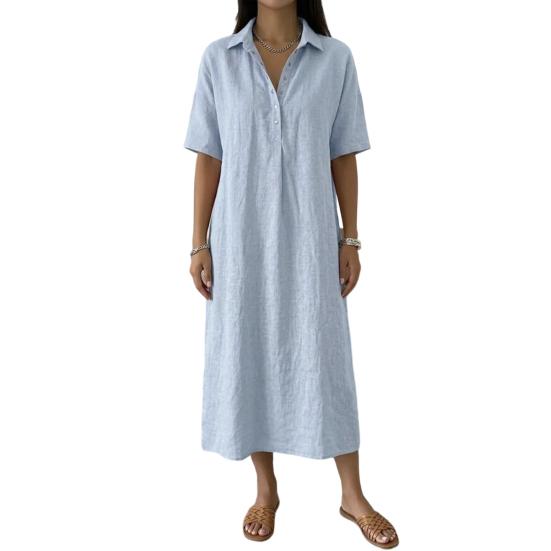 Abito estivo in cotone e lino da donna, manica corta, bottoni, colletto, midi, casual, svasato, linea ad A, ampio, da vacanza