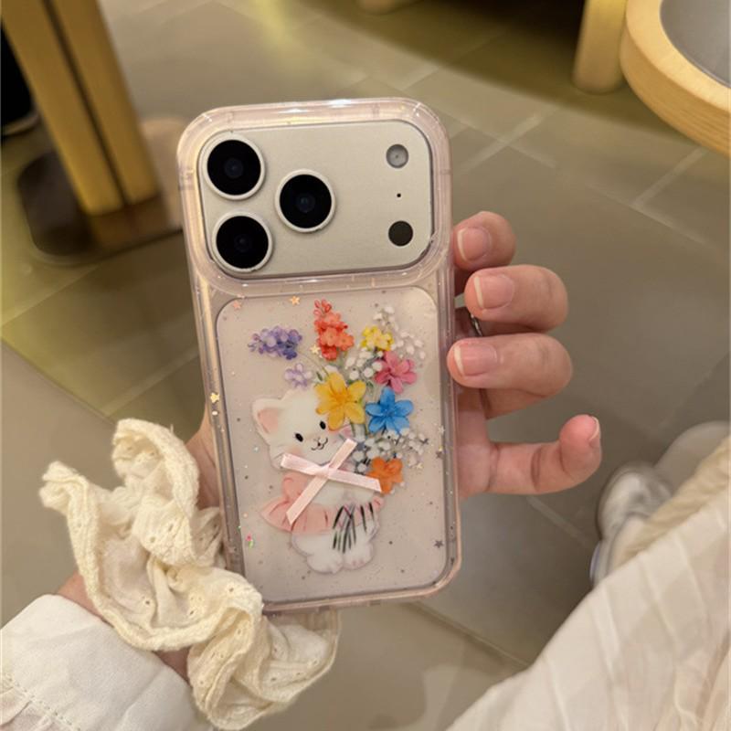 High-End Light Pink Floral Cat Hand Strap for iPhone 17/16 Pro Max/15/14 Case