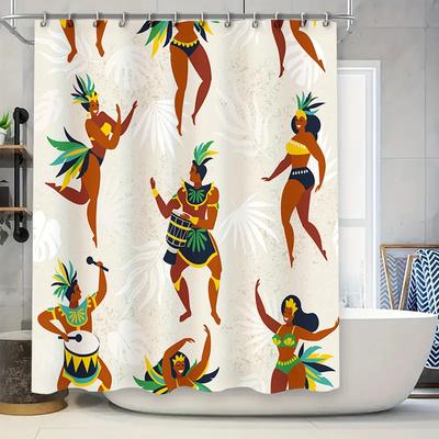 Festive Party Shower Curtain Decor Tiki Island Style with Colorful Dancing Women Pattern for Bathroom Home Decoration