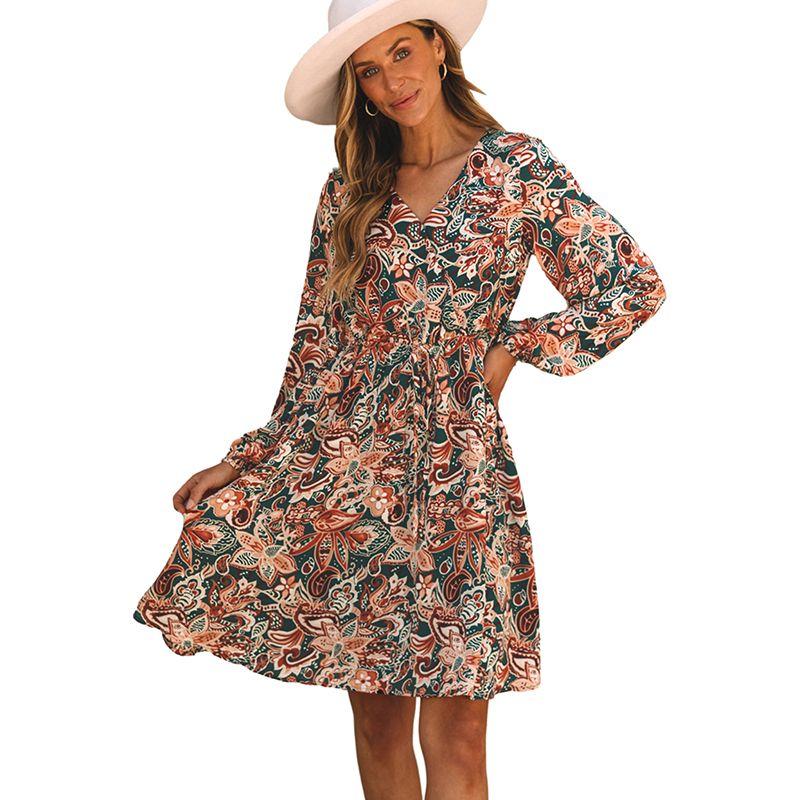 

Thin Fashion Geometric Print Knee Length Long Sleeves Dress Brown XL code fits (70.00 kg-75.00 kg