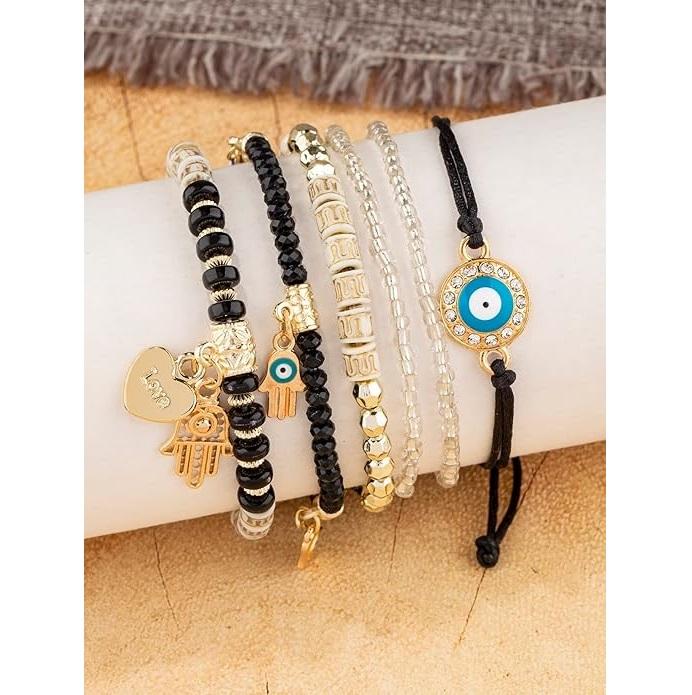 Braccialetti Multistrato Mano di Fatima Occhio Maligno Protezione Fortunata con Charms in Cristallo Colorato e Perline per Donne Ragazze