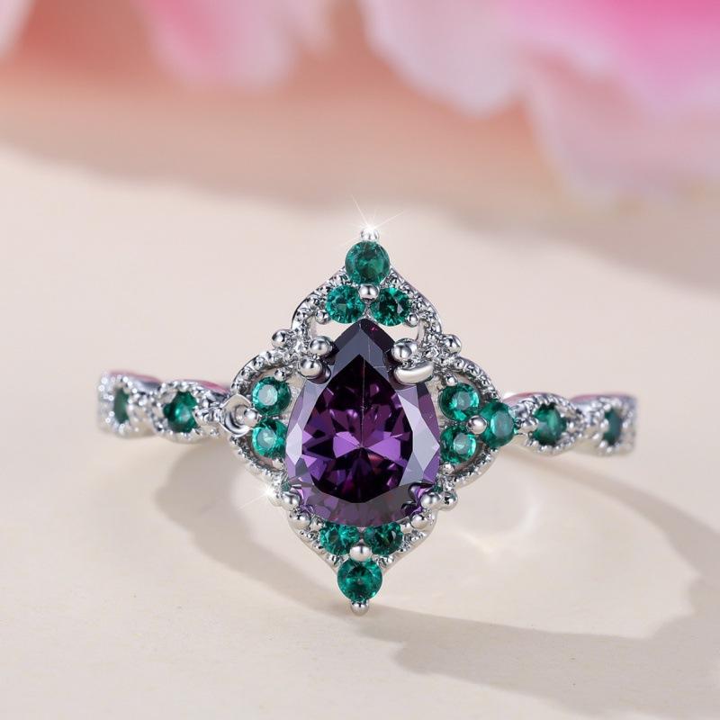 

Stylish retro white K water drop purple diamond edge emerald ring contrasting color noble jewelry no. 5