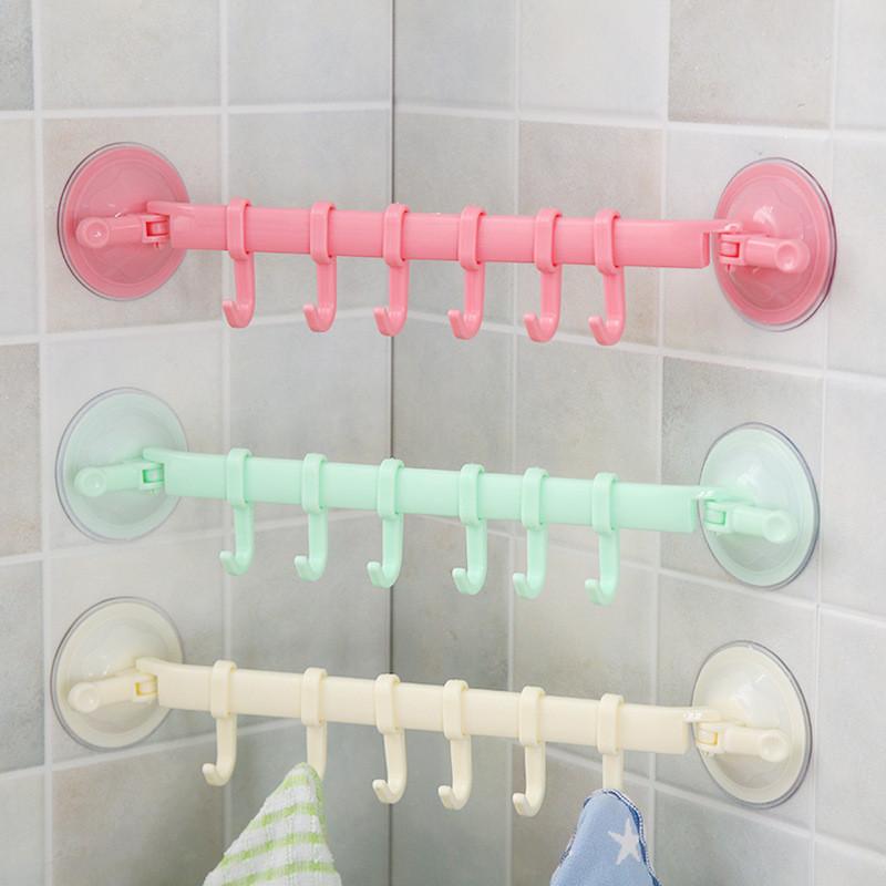 Adjustable Suction Cup Towel Rack Storage Box 6 Hooks Bathroom Kitchen Cabinet Wall Door Shelf Suction Cup Hanger