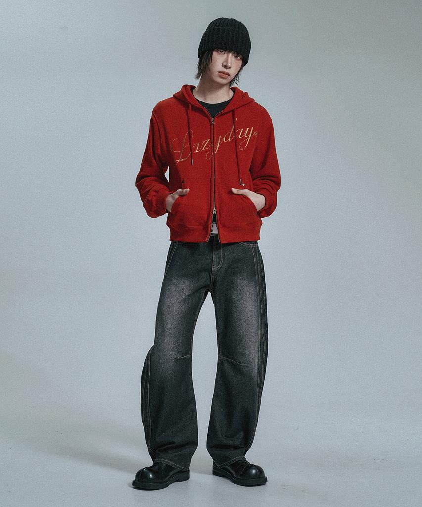 Moo Cursive Crop Zip-Up Hoodie - Red
