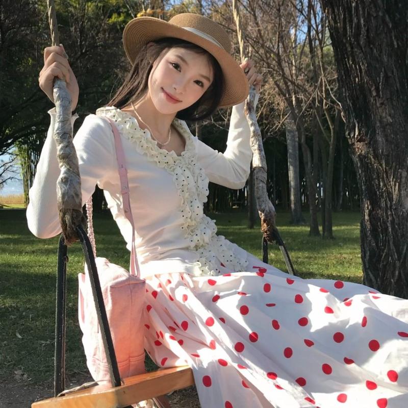 Fustă Midi A-Line Dulce Drăguță cu Buline în Stil Japonez - Buline Roșii pentru Femei Primăvară/Vară