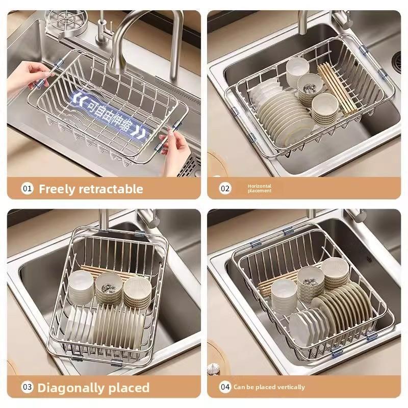 Stainless Steel Sink Drain Basket With Adjustable Size For Dish Drying And Organization