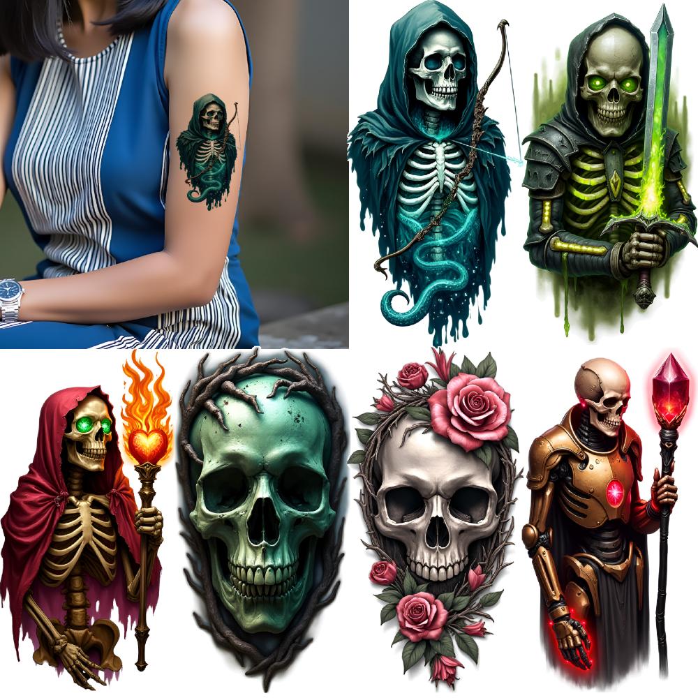 12pcs Temporary Tattoo Skull Designs Waterproof Long-lasting Body Stickers Skeleton Figures Realistic Temporary Tattoos For