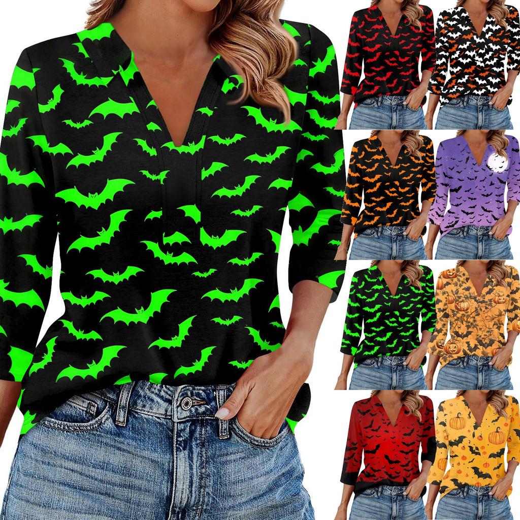 Modă Femei Casual Rever Mânecă 3/4 Cămașă cu Imprimeu Halloween Topuri cu Decolteu în V pentru Femei