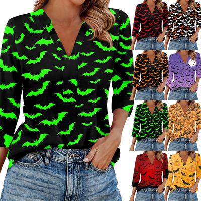 Women's Fashion Casual Lapel 3/4 Sleeve Halloween Print Shirt Women's V-Neck Tops