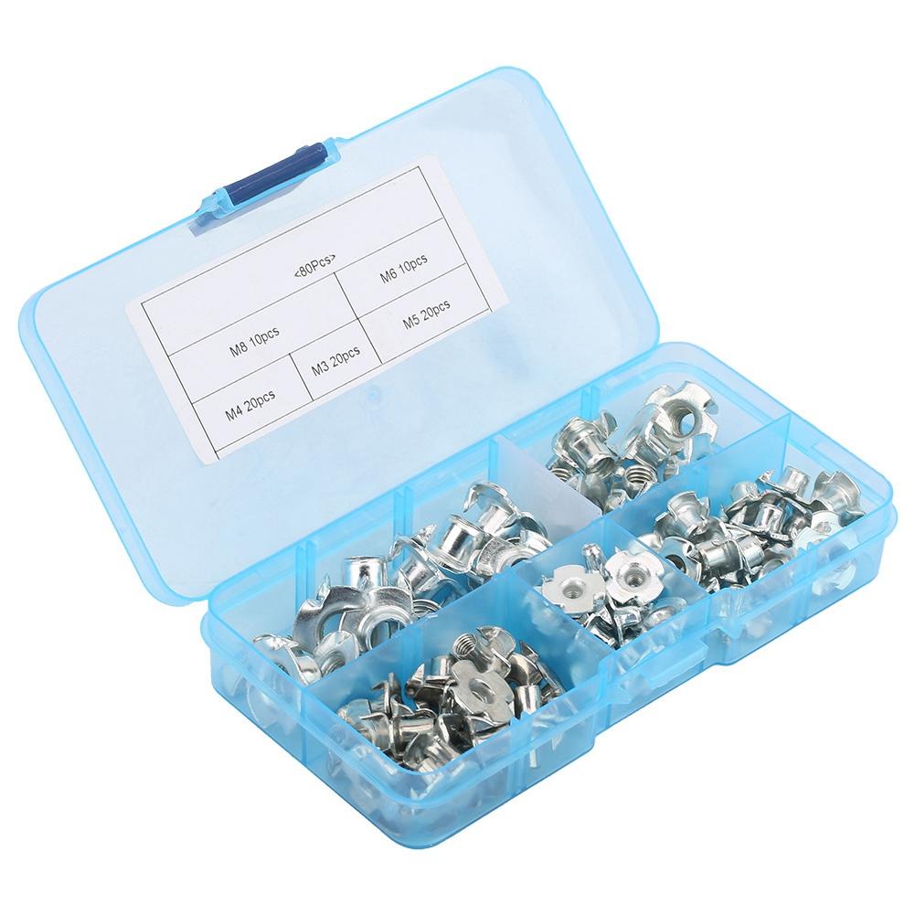 80pcs Carbon Steel T Nut Four Pronged M3 4 5 6 8 Tee Nuts Kits For Woodworking Furniture