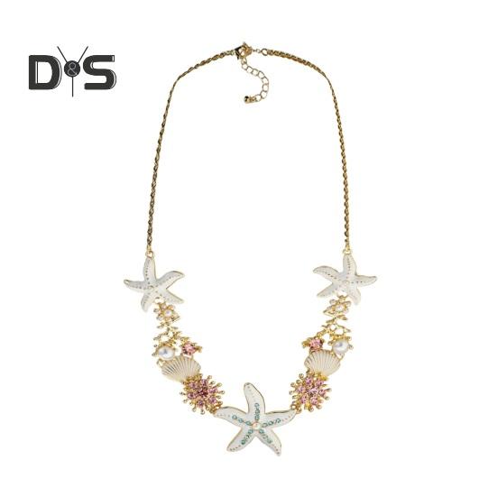 Exaggerated Women Necklace Ocean Theme Starfish Coral Shell Hollow Out Faux Pearl Rhinestone Decor Adjustable Length Lady Vacation Beach Neck Jewelry