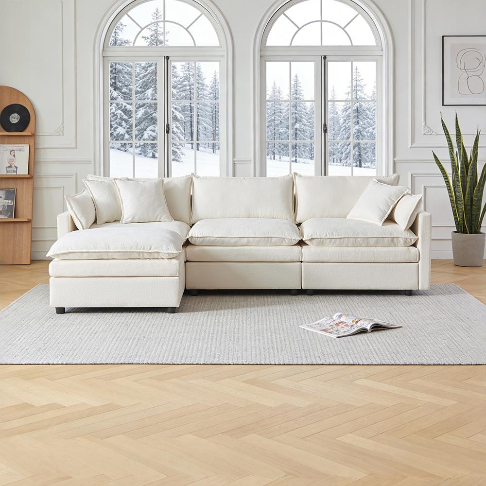 Ultra-weiches Modulsofa, aus Chenille und Massivholz, schneller Aufbau