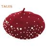 Women Beret Faux Pearl Rhinestone Decor Vintage English Style Woolen Hat No Brim Solid Color Adjustable Straps Pumpkin Cap