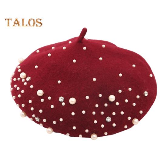 Women Beret Faux Pearl Rhinestone Decor Vintage English Style Woolen Hat No Brim Solid Color Adjustable Straps Pumpkin Cap