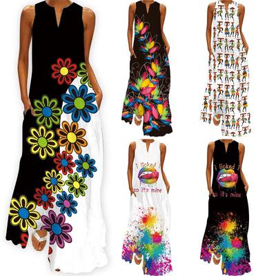 2024 Summer Women's Sleeveless V-Neck Long Printed Dress