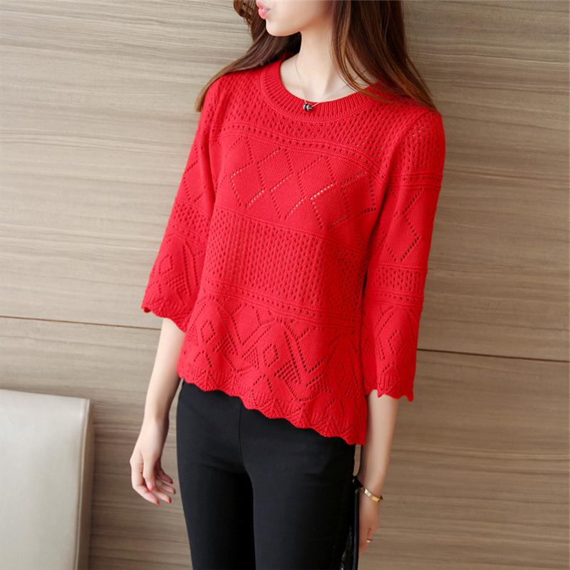 În primăvară și vară Pulover scobit nou din tricot Jachetă de damă cu secțiune subțire cu gât rotund Îmbrăcăminte linie largi Cămașă cu mânecă de șapte minute