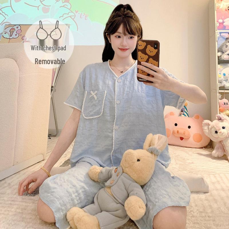 Women s Plus Size Cloud Cotton Pajama Set: Long Sleeve with Chest Pads (2025) L синий