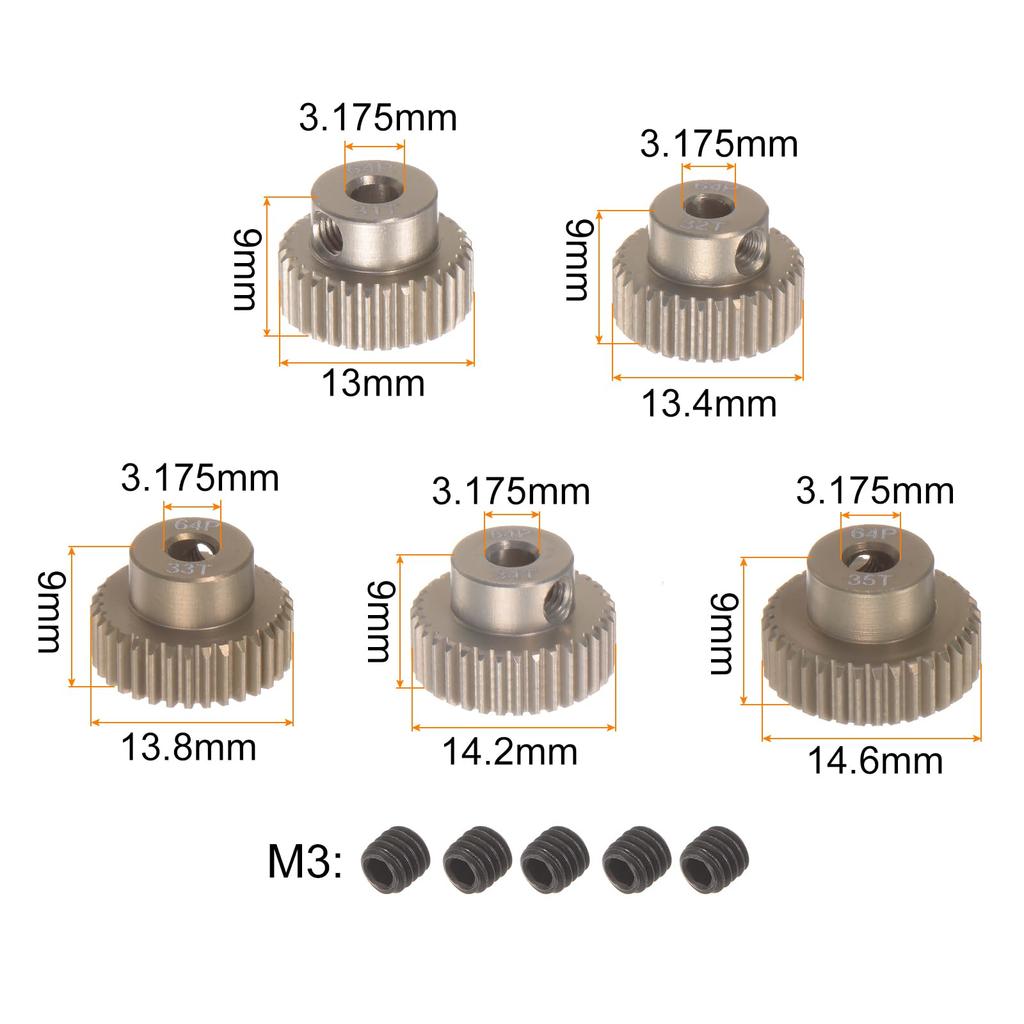 uxcell 64P Pinion Gear Set, 3.175mm (18") Shaft, 31T, 32T, 33T, 34T, 35T, Aluminum Alloy Motor Gear for 110 RC Car (Set of 5)