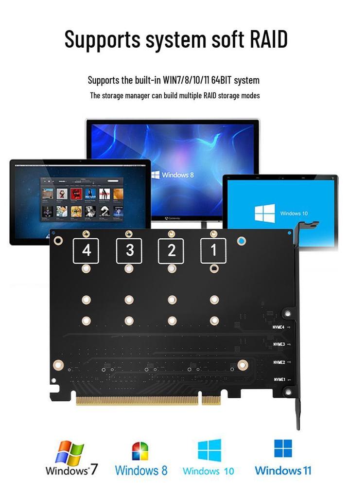 PCIe X16 Quad M.2 NVMe Expansion Card - 4-Bay RAID, Supports Software RAID, 2TB per Drive.