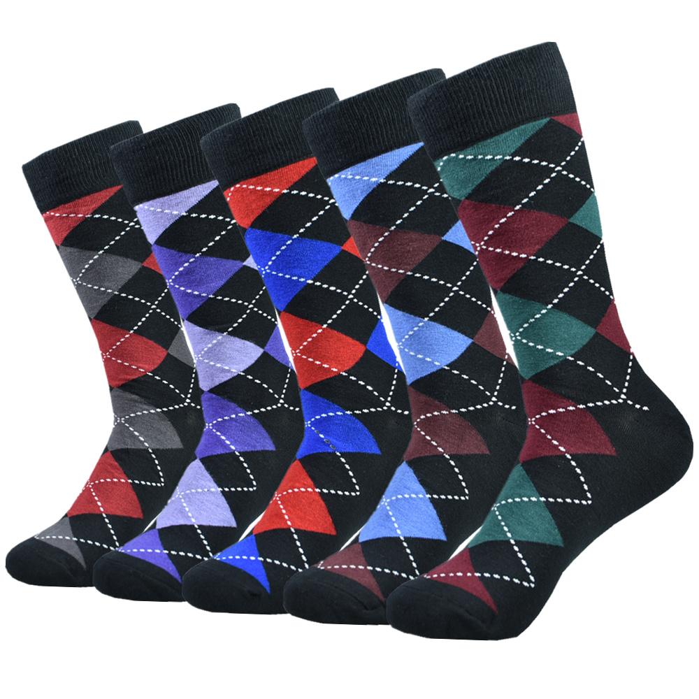 5pairs Mens Cotton Dress Black Argyle Pattern Crew Funny Socks for Men Gifts