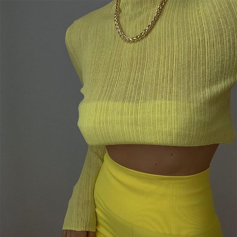 Long-Sleeve Mesh See-Through High-Neck Slim-Fit Women's Top