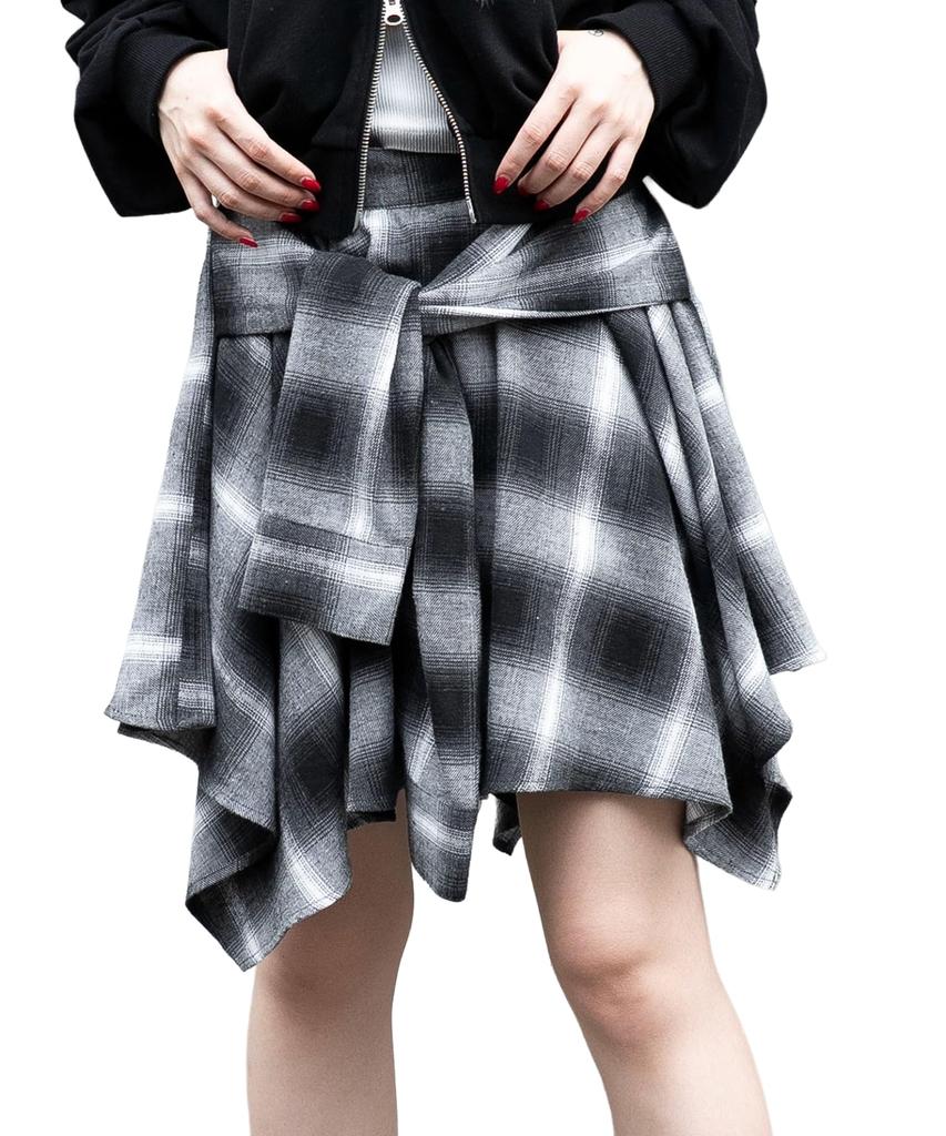 WEGO Irregular Hem Mini Checkered Korean Size Black Women's Flannel-Like Skirt, Skirt, Fall/Winter Outfit, Streetwear, Casual, Style, Gift, F,
