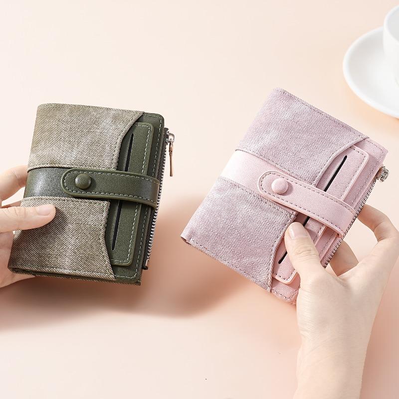 New women's wallet, high-end student denim leather short wallet, fashionable snap-button zipper, multi-card wallet