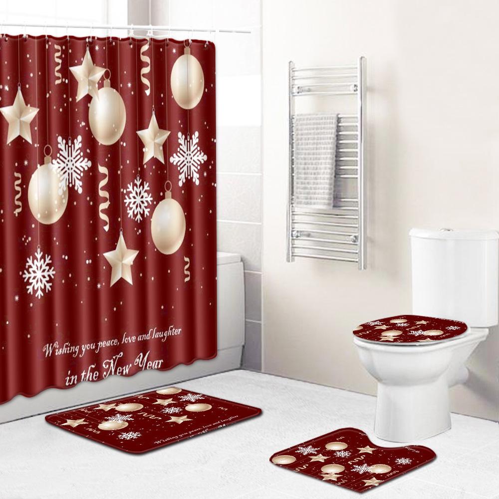 Christmas Shower Curtain Floor Mat Combination Four-Piece Set Bathroom Toilet Carpet Shower Room Mat Foot Mat
