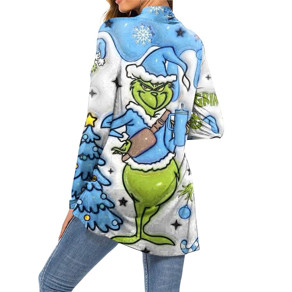 Dámský módní vánoční potisk dlouhý rukáv kapsy slim fit kardigan kabát