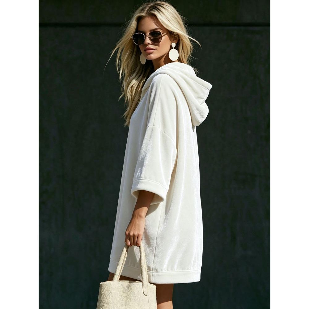 Autumn Winter Velvet Hooded Dress Half Zip 3/4 Sleeve Pocket Long Sweatshirt Dress Women Casual Hoodie Midi Dress