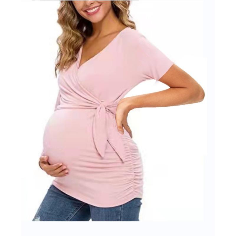 Black V-neck Short Sleeve Wrap Front Maternity Top with Side Tie Detail
