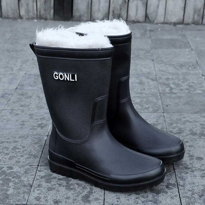 Men's Waterproof Rain Boots: Warm, Non-Slip, High-Top with Elastic Cuff, Ideal for Kitchen, Car Wash, and Fishing.