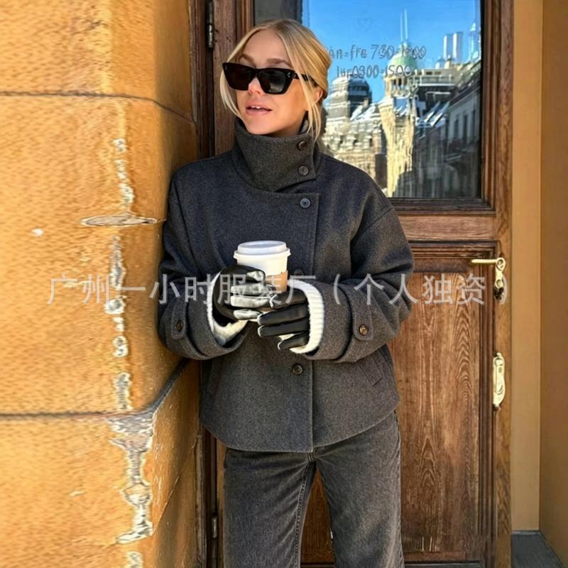 Womens Casual Stand Collar Long Sleeve Solid Color Commute Jacket Outerwear