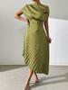 Asymmetrical Shoulder Gold Foil Pleated Dress for Women