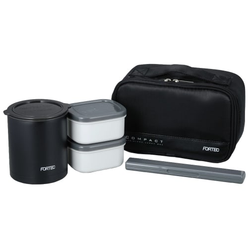

Wahei Freiz Bento Box, 640ml, Black, Slim, with Rice Container, Two Side Dish Containers, Chopsticks, and Insulated, Fortec Lunch, FLR-5957