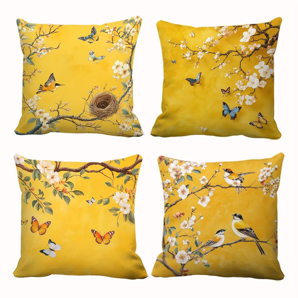 4pc Yellow Blossom Branch Pillow Covers Featuring Classic And Elegant Designs with Flowers And Butterflies Decoration Pillowcase